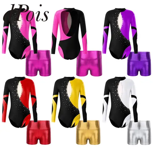 Trajes de Ballet de retales de manga larga para niñas, leotardo de gimnasia con pantalones cortos metálicos brillantes para mono de gimnasia y baile