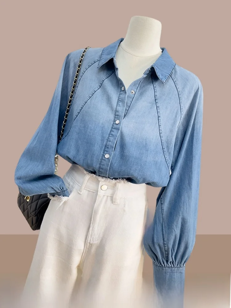 

Loose Women's Denim irt Long Sve Spring Autumn High Quali Faionable Top Tag Removed Korean Sle Commute Wind