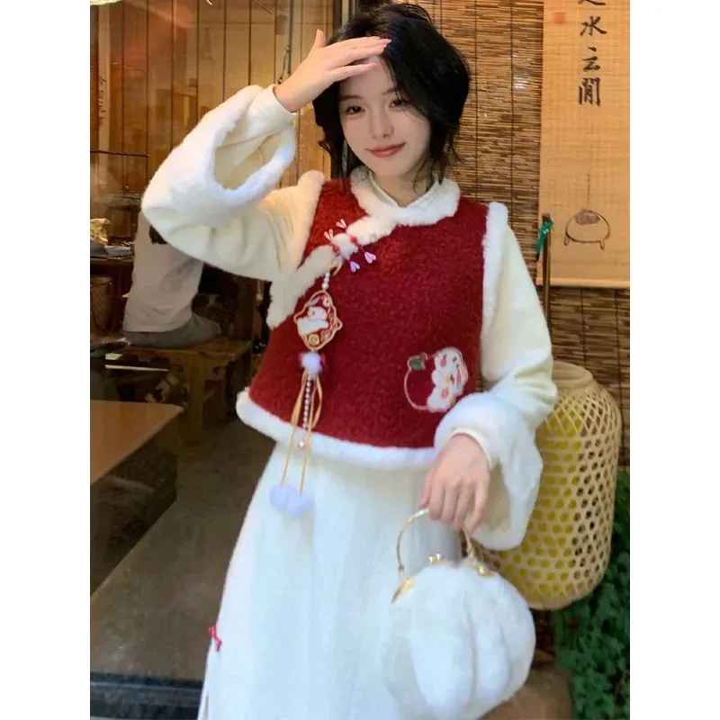 Xgoth-Conjunto de vestido de estilo chino, vestidos Cheongsam con cuello levantado y corte en A, chalecos rojos Vintage, conjuntos de dos piezas sexys y puros