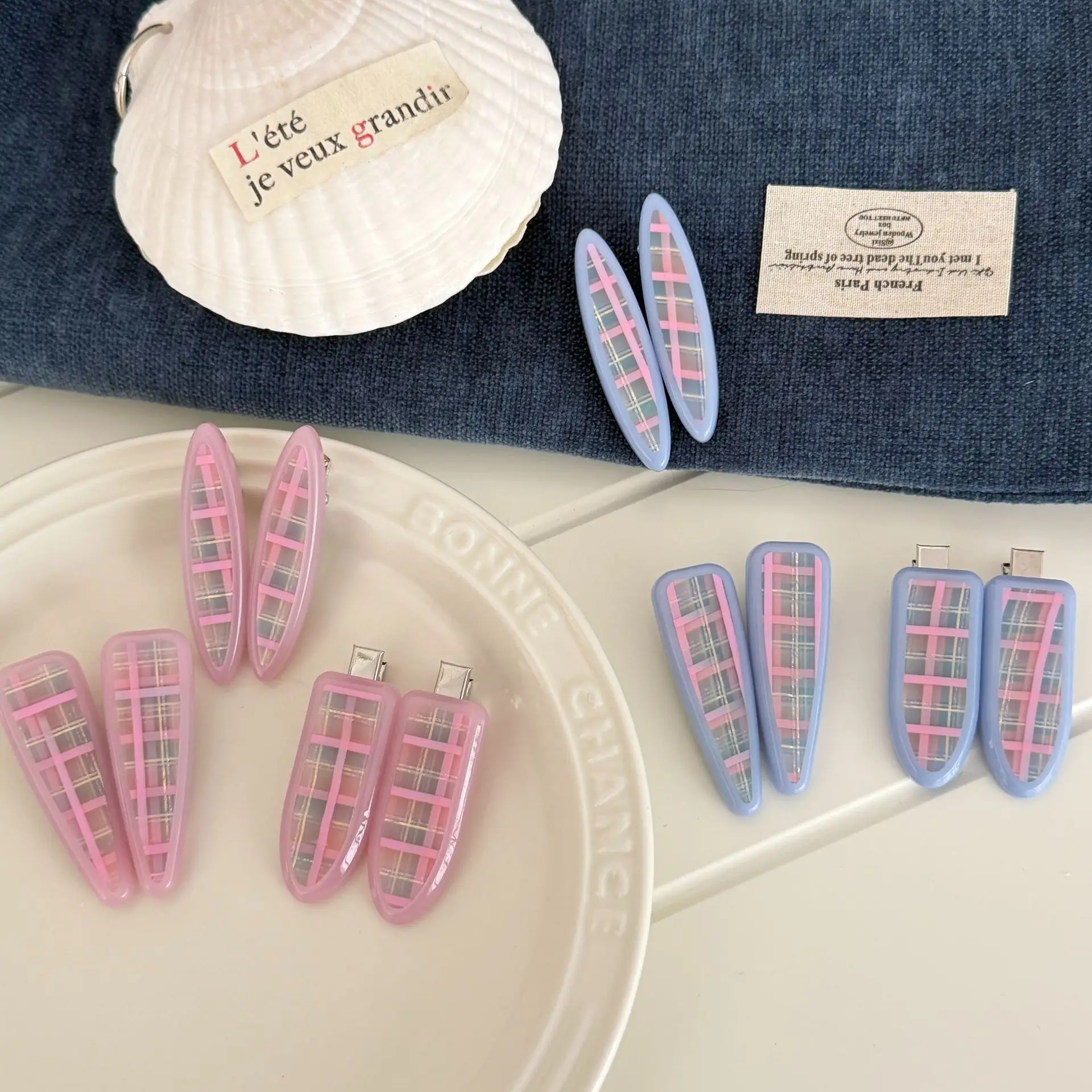

Sweet Blue Pink Plaid Small Check Hair Clip Premium Side Clip Cute Bang Clamp Fashionable Daily Elegant Accessory