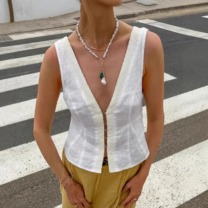 

Fashion V-neck White Vest Women's Summer Temperament Bamboo Cotton Lace Cardigan Top Women's Clothing