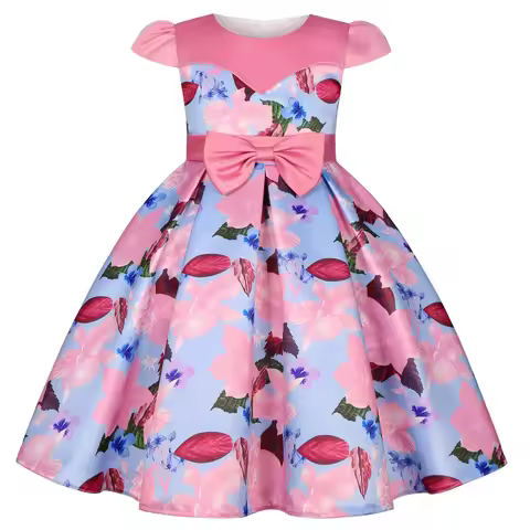 Cross-border new children's dresses bow print princess pouf dress skirt small host walk evening gowns