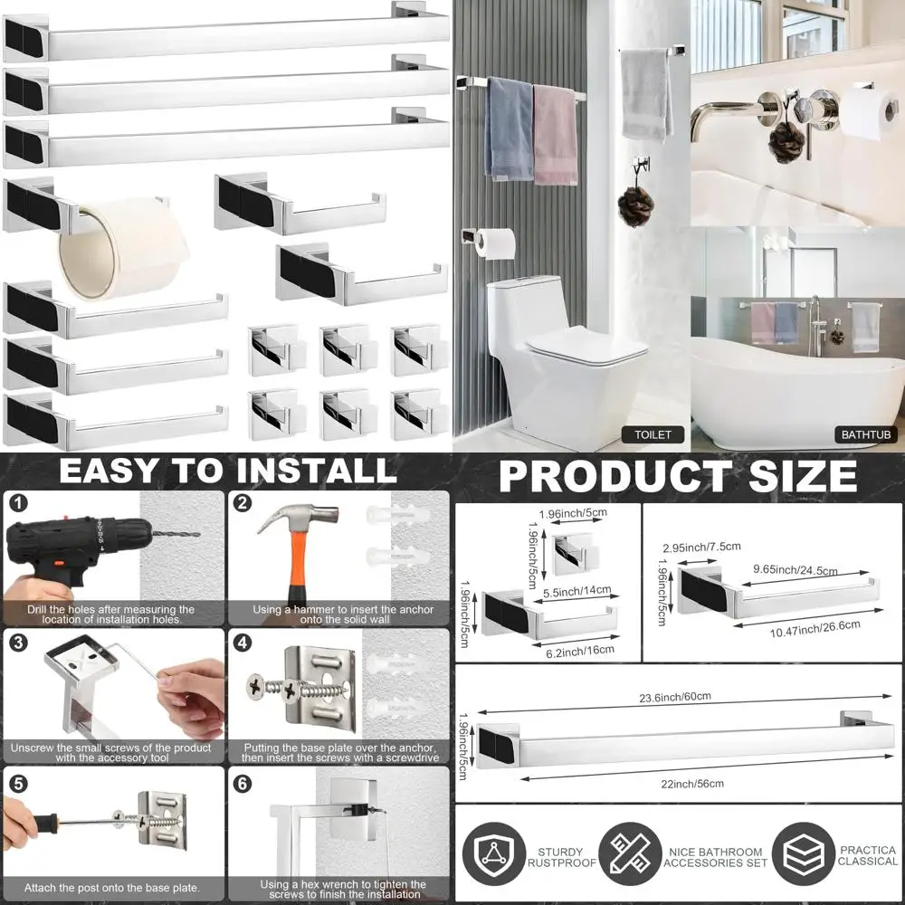 

Stainless Steel Bathroom Hardware Set - 15 Piece Towel Racks and Accessories for Modern Bath Decor