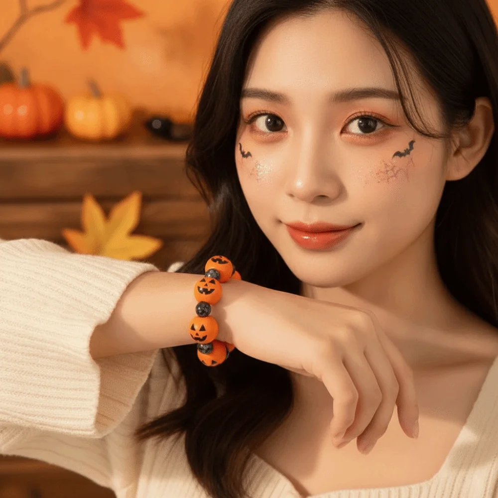 Spider Jewelry Elastic Halloween Bracelet Wooden Stretchy Pumpkin Beads Bracelet Round Orange Wood Wristband Holiday Gift view 3