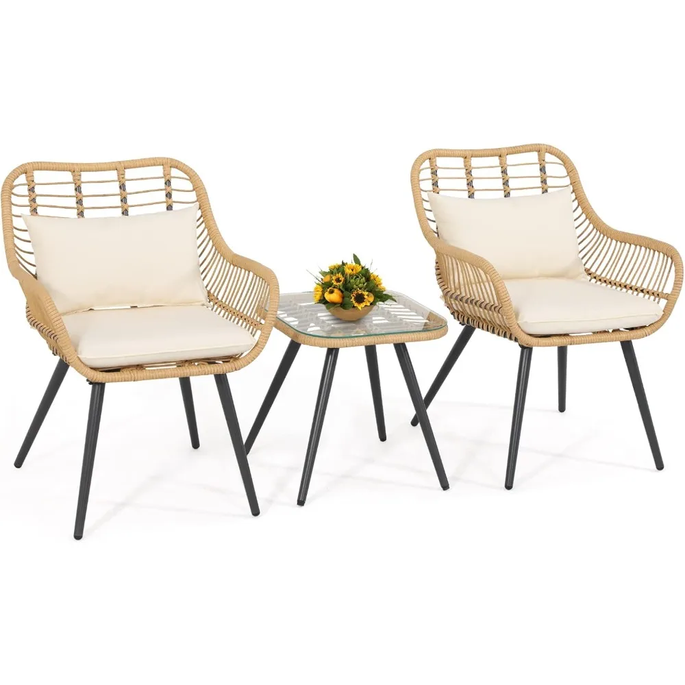 

3 Pieces Patio Bistro Set, Outdoor Wicker Conversation Chair Sets Balcony Furniture,Coffee Table with Glass Top