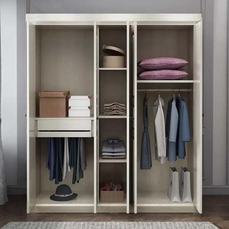 All solid wood wardrobe light luxury bedroom door four door wardrobe simple white with drawers