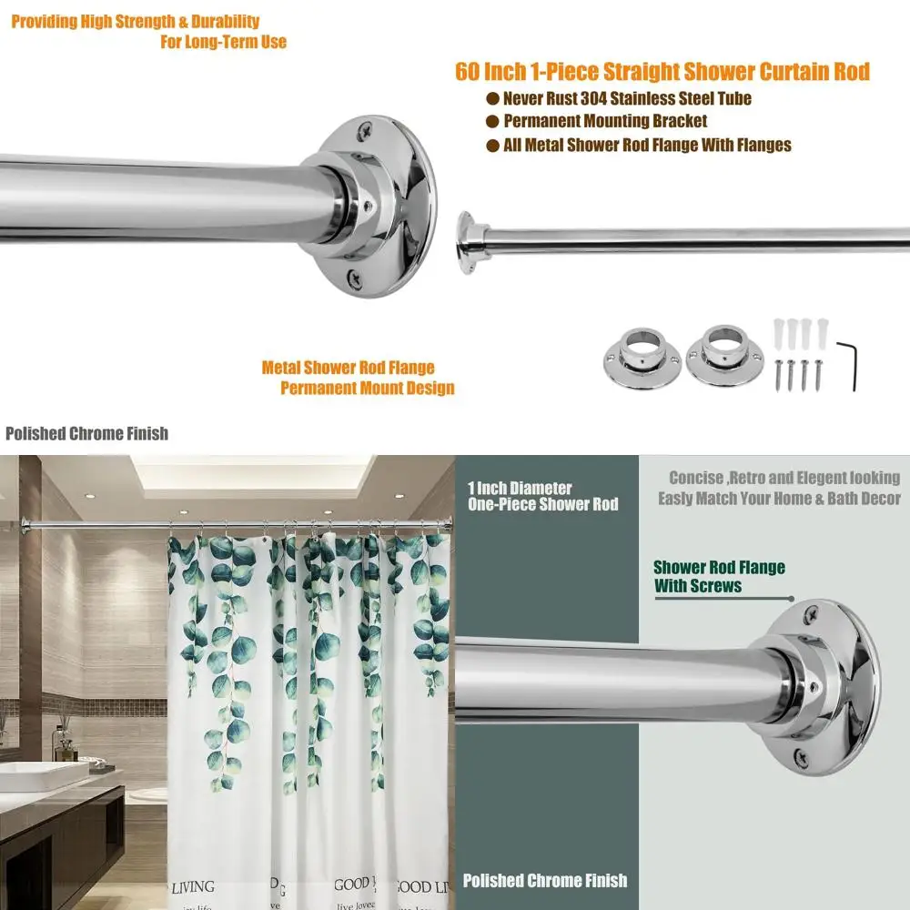 

60 Heavy-Duty Chrome Shower Rod, Stainless Steel, Permanent Mount, Includes Screws and Brackets
