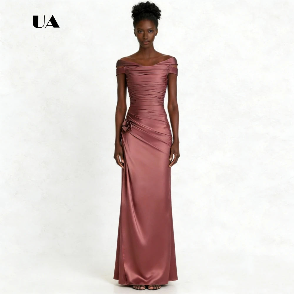 Ulbyanry vestido de baile linha a com ombro de fora, vestido de noite de cetim sólido com mangas detalhadas, vestido de festa personalizado franzido