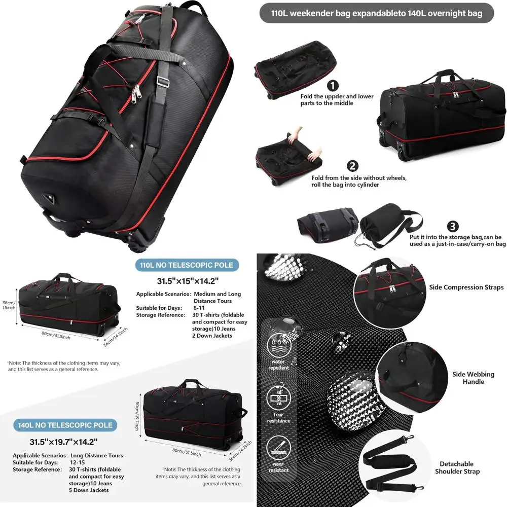 

Expandable 110-140L Soft-Sided Foldable Rolling Duffle Bag with 2 Rubber Wheels, Packable 32 Travel Tote for Car