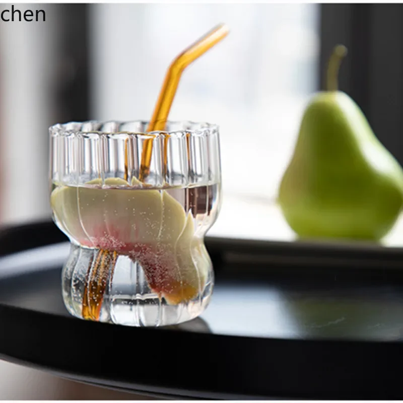 

A8 striped high borosilicate glass single-layer mug - minimalist transparent glass chubby mug for home use, breakfast