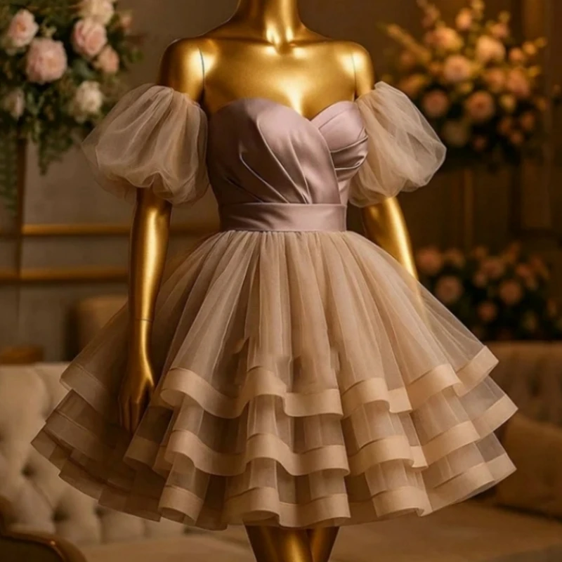 

Elegant Champagne Short Prom Dresses Women Ruched Tiered Skirt Cocktail Clubwear Homecoming Special Occasion Wear 2025Customized