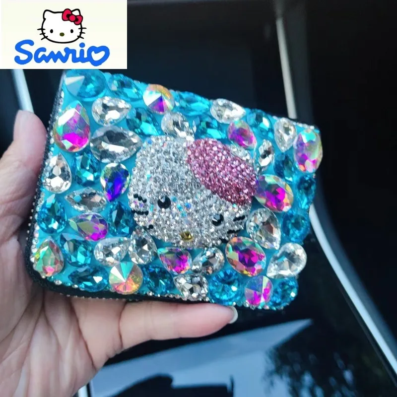 Sanrio High Quality Diamond Set Hello Kitty Sparkling Diamond Cartoon Card Bag for Women Multi functional Storage Wallet