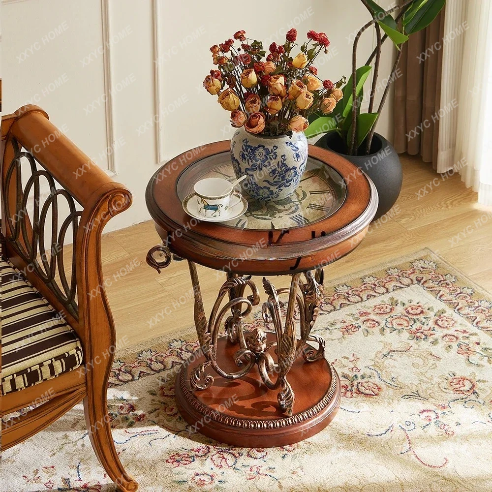 A  xx1Caramel color American sofa edge few European solid wood small round table painted corner few metal retro coffee table