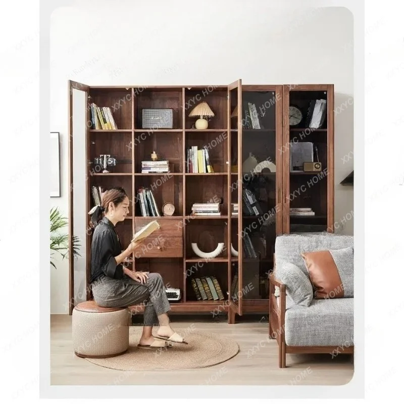 XX Solid wood bookcase Bookshelf  black walnut storage, storage, floor-to-ceiling bookcase with glass door