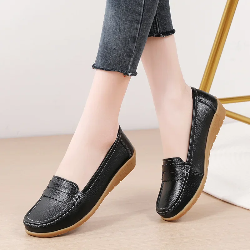 2024 Women Flats Genuine Leather Shoes Woman Platform Casual Soft Women\'s Loafers Shallow Slip On Shoes Women Nurse Ladies Shoes