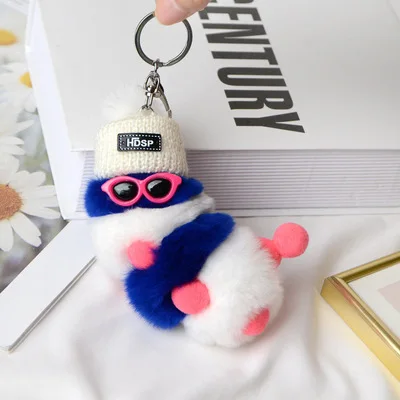 Kleurrijke pluche rupsen schattige sleutelhanger met zonnebril zacht konijnenbont dier pompom hanger met sleutelhangers voor dames handtas