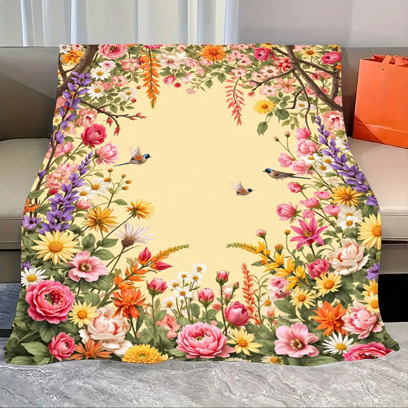 

1pc Flannel Blanket Charming Floral Bird Print Blanket for Cozy Home Decor