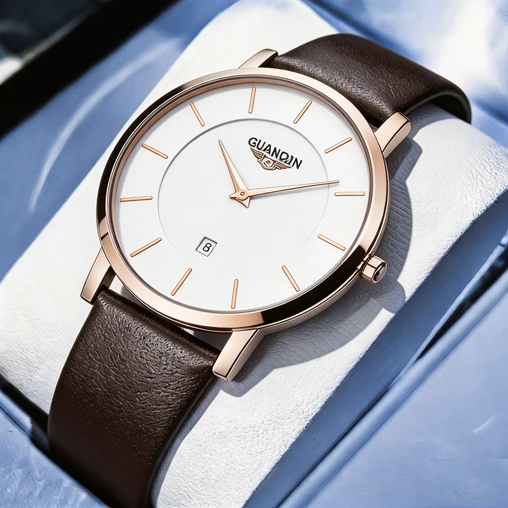 

GUANQIN Men's Watches Simple Fashion Leather Strap Original Brand Quartz Wristwatch for Man Ultra-thin Case Waterproof Date New