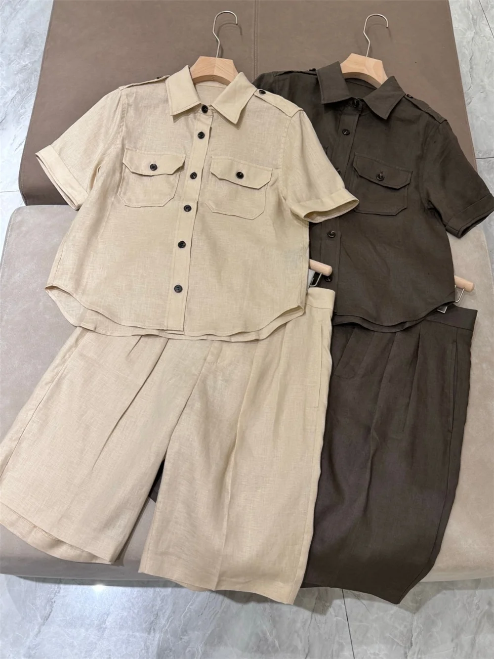 

25 Spring Summer Female Lapel Short-Sleeved Shirt+High Waisted Shorts Linen Casual Suit