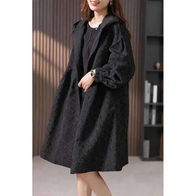 

Women Spring Autumn New Jacquard Windbreaker Korean Casual Loose Trench Coat Hepburn Style Hooded Long Black Hooded Outwear