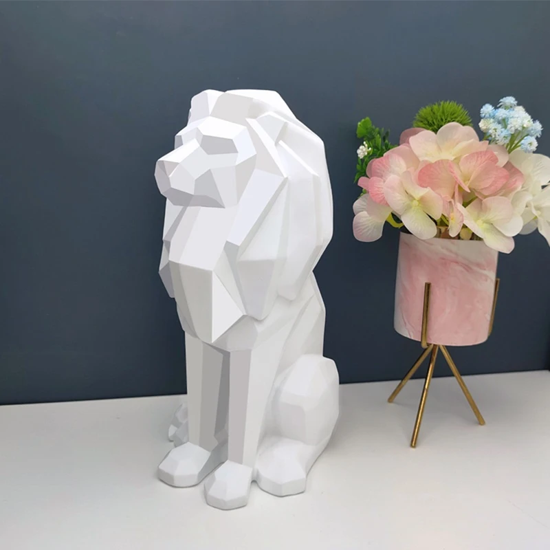 Lion Statue Lion Decor - Gifts For Men Geometric Stylish Sculpture Lion Figurine Decoration For Living Room Office Durable White