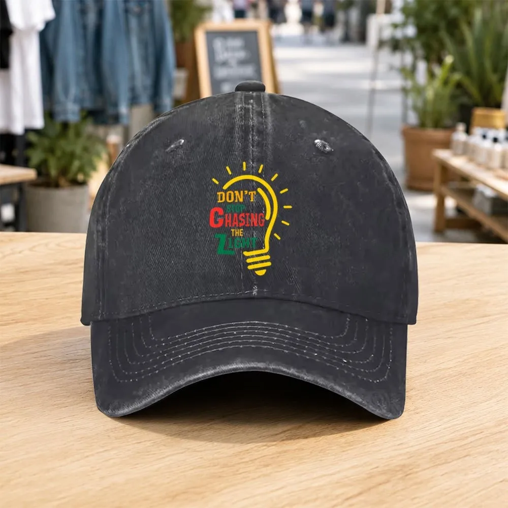 Don't Stop Chasing the Light Graphic Distressed Baseball Cap Unisex Adjustable Cotton Hat for Outdoor Casual Wear