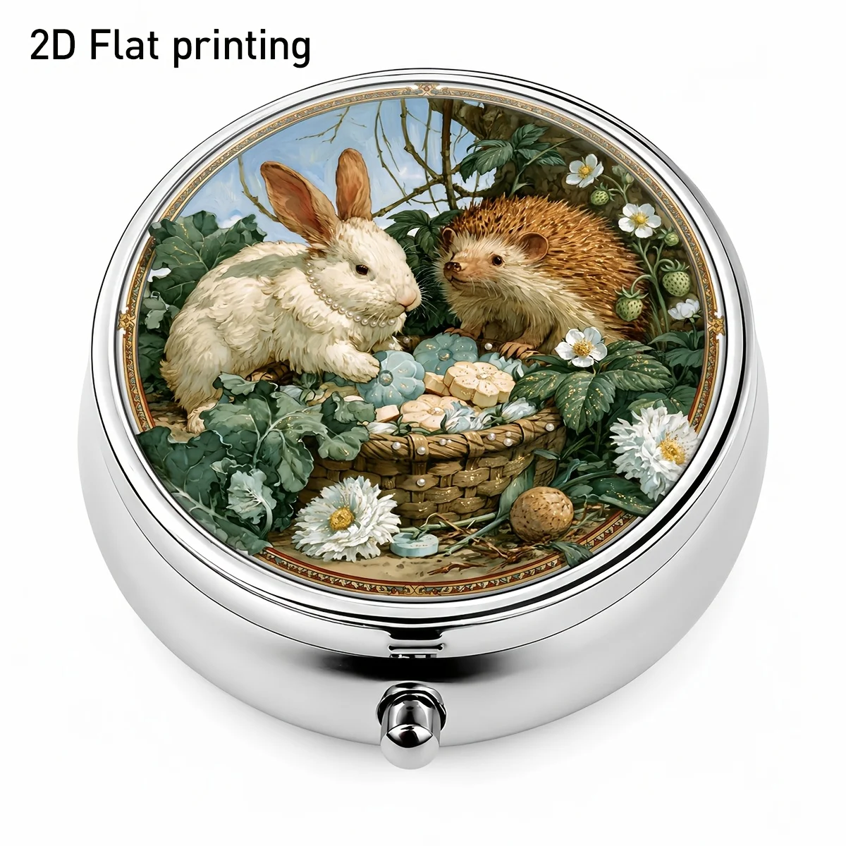 Floral Basket with White Rabbit and Hedgehog Patterns, Round Small Medicine Box, Pastoral Forest Style, Three-Compartment Portable Storage Box. The Compartmentalized Design for Jewelry, Medicine, and Vitamins Makes It Easy to Store, a Must-Have for Travel and Daily Life, Durable and with an Exquisite Appearance.