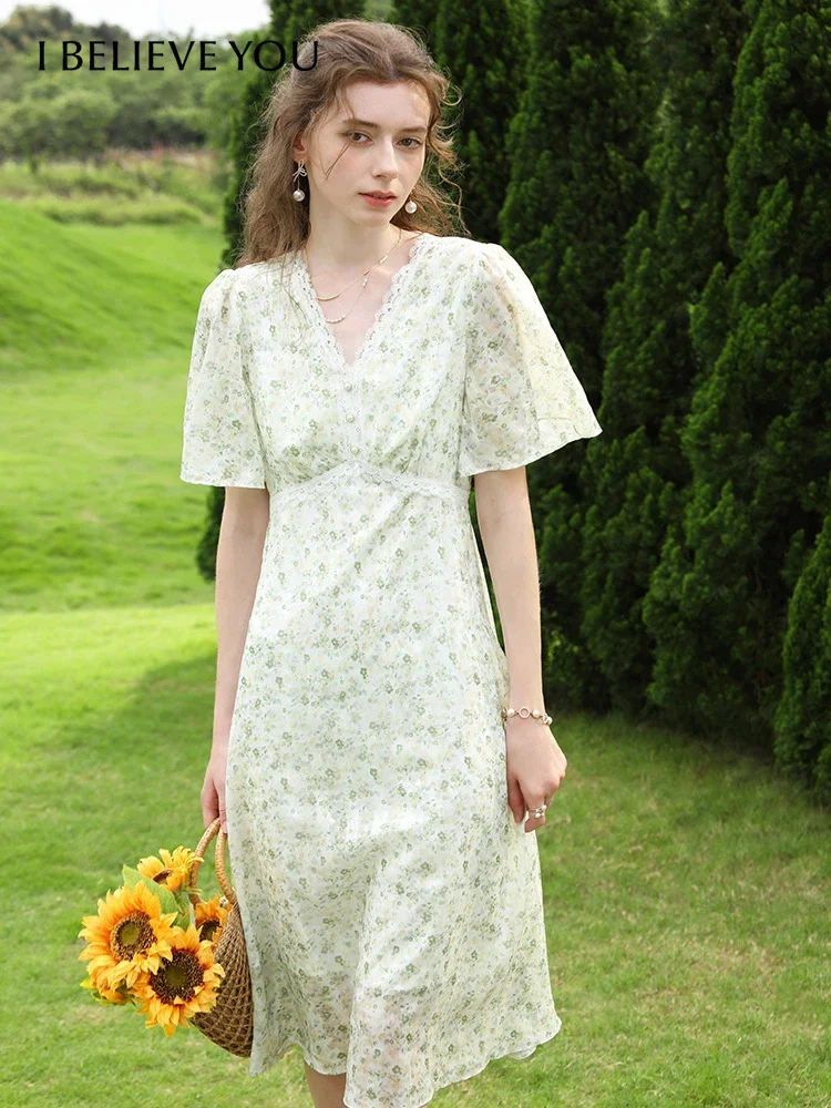 I BELIEVE YOU Chiffon Dress French Floral Butterfly Sleeve V Neck 2023 Summer Dress A Line High Waist Female Vestidos 2232095068