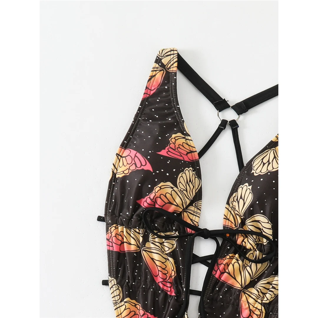 Schmetterlingsmuster, tiefes V-Ausschnitt-Design, rückenfreier, einteiliger Badeanzug für Damen, Badebekleidung, hoch geschnittener Monokini-Badeanzug, Badeanzug, Modell V6369. – Detail 13