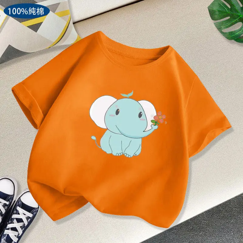 2026 New Elephant Pattern Girls' T-shirt Short Sleeved Summer Top Summer Boys' Cartoon Top Fashionable Parent-child Outfit
