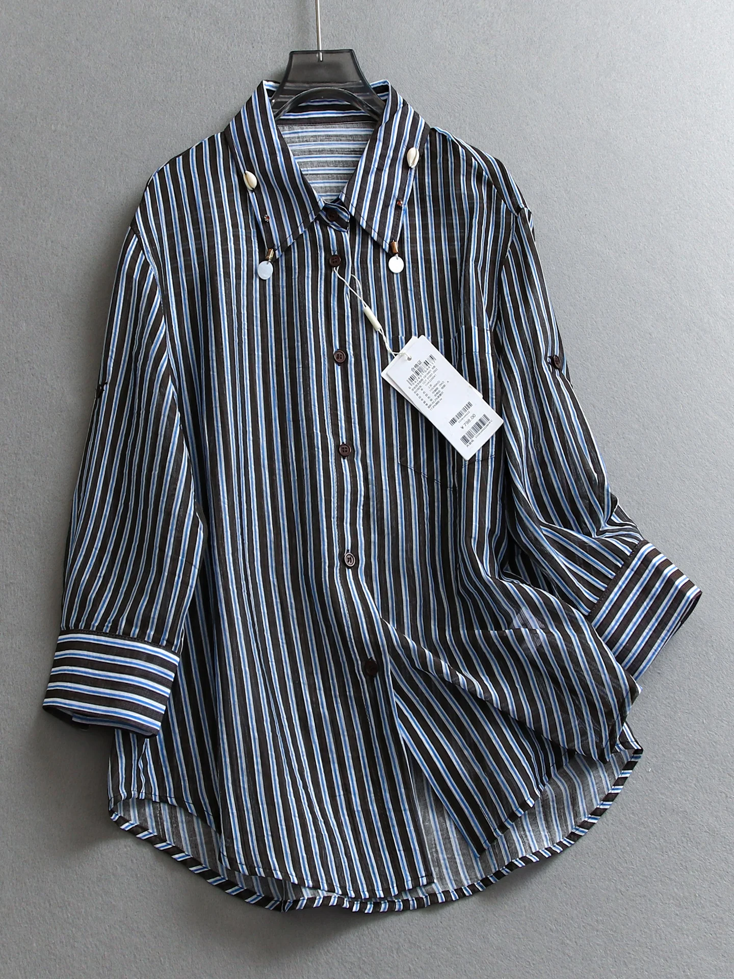 

Casual Striped Loose Fit Women's Shirt Thin Breathable Long Sleeve Commute Friendly Fashionable Open Cardigan Style E901