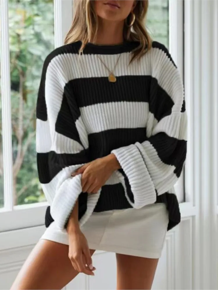 Autumn And Winter O Neck Long Sleeve Striped Sweater For Women 2024 Fashion Bell Sleeve Loose Knitted Sweaters Y2k Preppy style