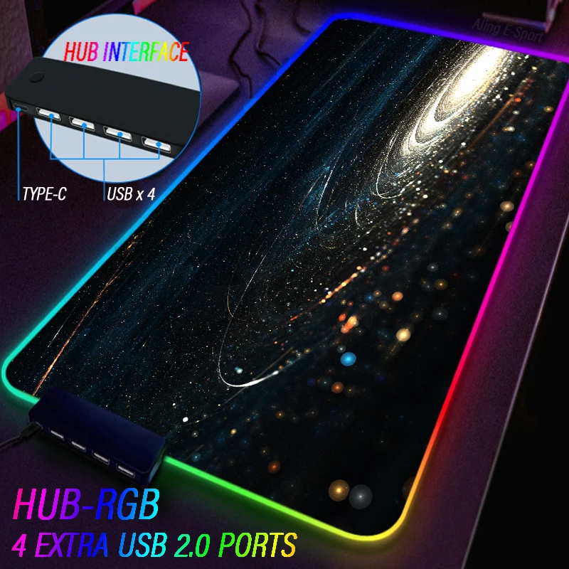 Large RGB Mushroom Galaxy Mouse Pad Fabric Symphony Light Game Tablecloth Computer 4 USB Type C HUB Entertainment Keyboard Rug