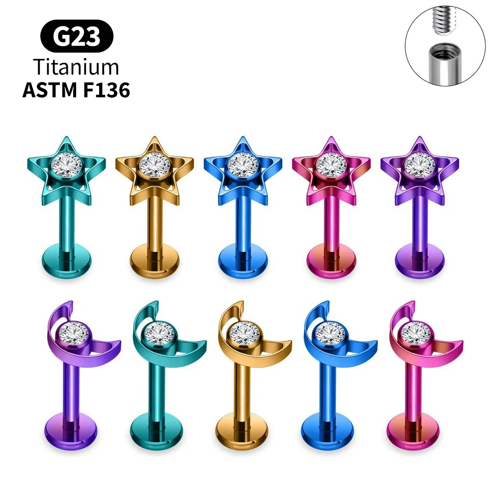 Body Jewelry Vertical Labret - G23チタン製スタームーンラブレットロット、インターナルネジ式ヘリックス・トラガス・軟骨・コンチ・メデューサ・バーチカルラブレットピアスジュエリー