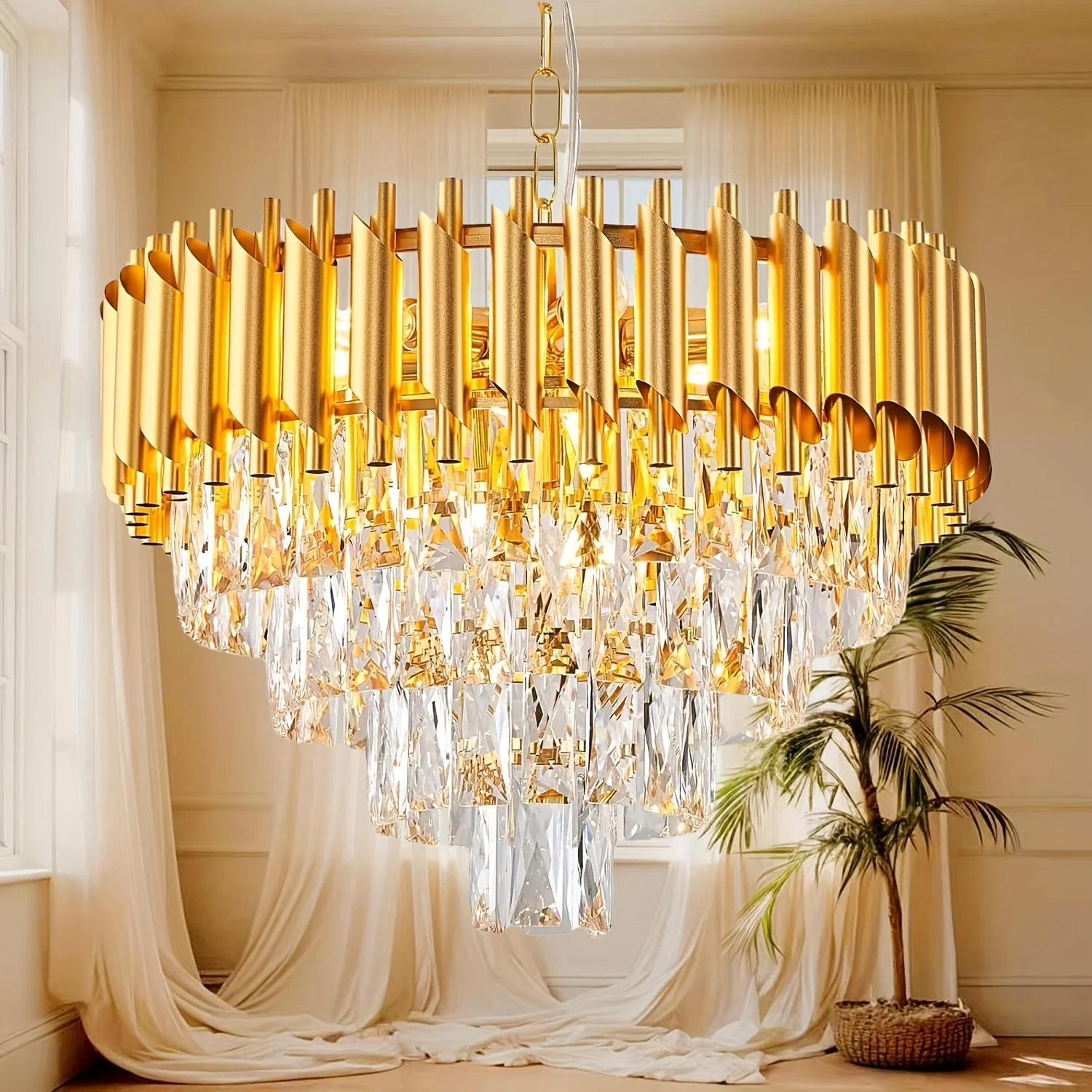 Lampadario Moderno Circolare in Cristallo Dorato, Plafoniera per Sala da Pranzo, Soggiorno, Camera da Letto, Ingresso, Portalampada E14 (Escluso)