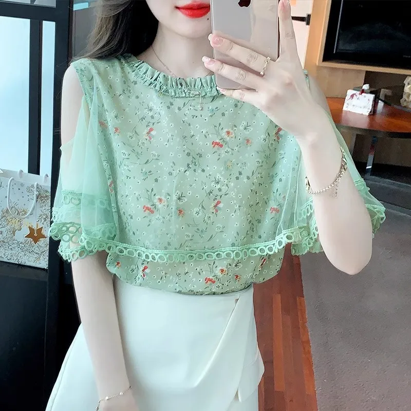 Summer Fashion Short-Sleeved Off Shoulder Chiffon Shirt Women\'s Clothing 2023 New Beautiful Mesh Top Super Fairy Blusas