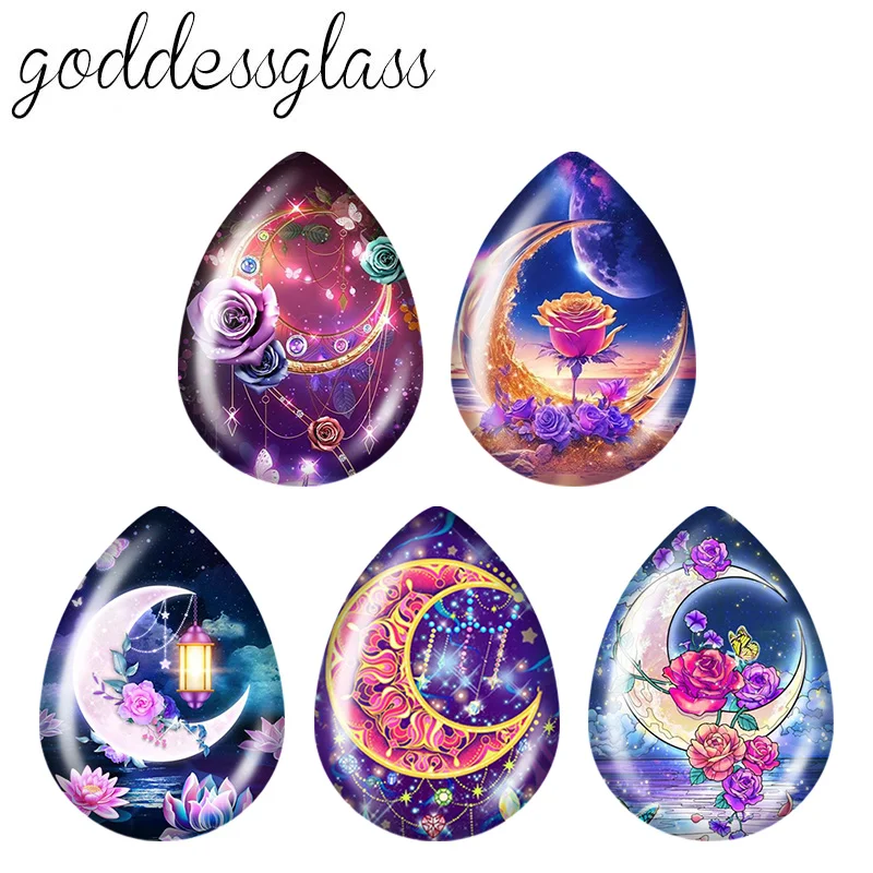 5 pairs New Night Crescent Moon Style Stars Rose 18x25mm Tear Drop Photo Glass cabochon flat back for DIY Earrings Jewelry