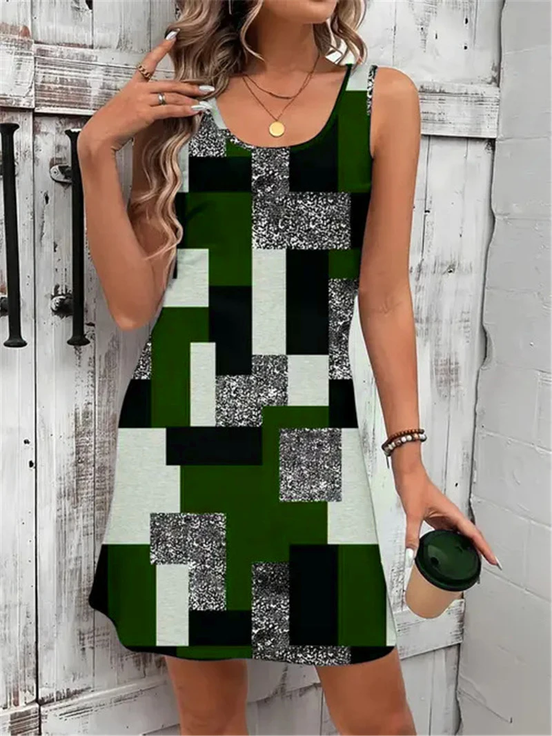 Fashion Sleeveless Plaid Pattern Women Mini Dresses Summer 3D Printed Street Ladies Dress 3XL Plus Size Beach Casual Dress