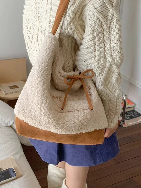 

Double-Sided Lamb Fur Buet Bag Casual oulder Crossbody Tote Bag Women's Lazy Sle Faionable Autumn Winter Handbag