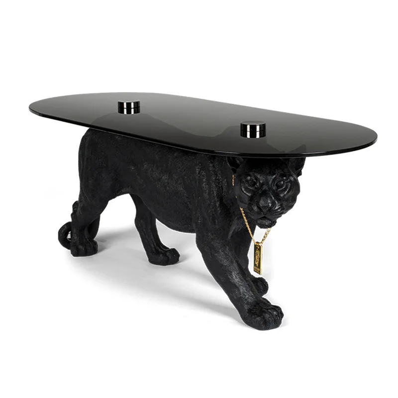 Coffee Table Leopard Tempered Glass Table Animal Figurines Living Room Decorative Furniture Panthera Pardus Sculpture Modern Art