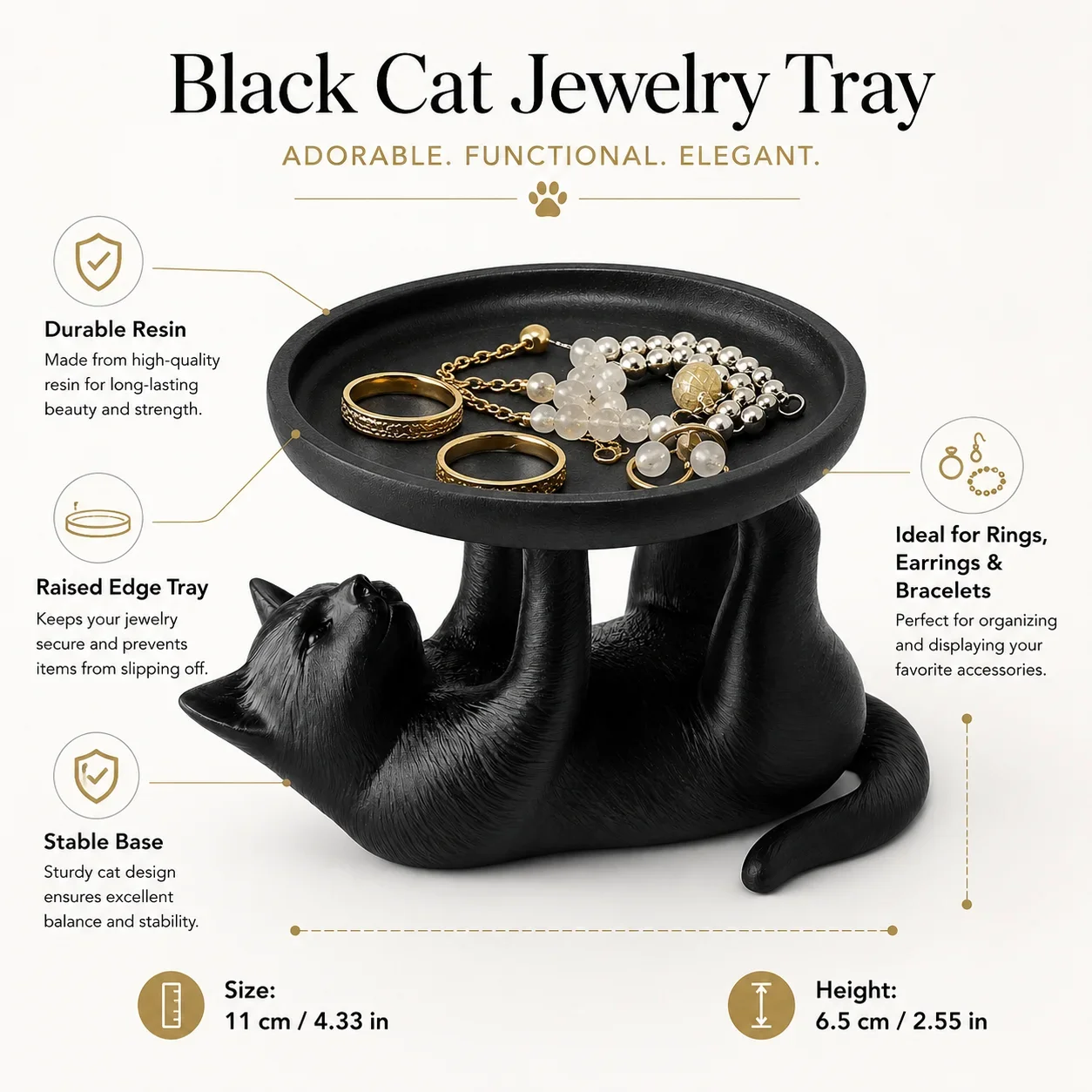 Cat Jewelry Tray, Creative Animal Trinket Dish for Rings Keys Coins, Bedside Table Decor view 3