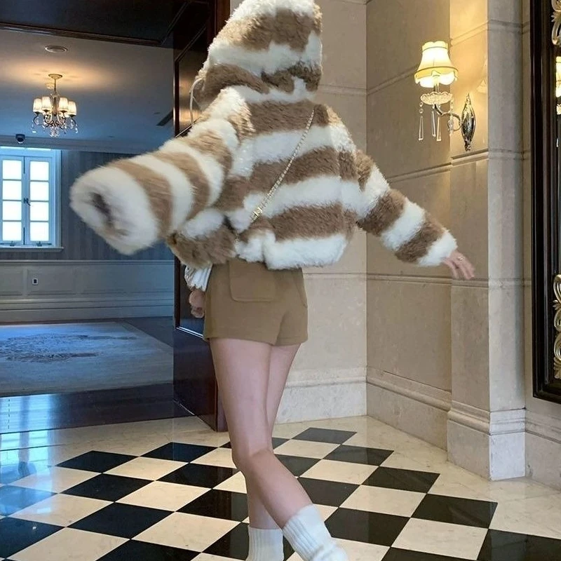 

Striped jacket, lamb wool, extra thick jacket, cotton hooded, autumn and winter warm short cardigan