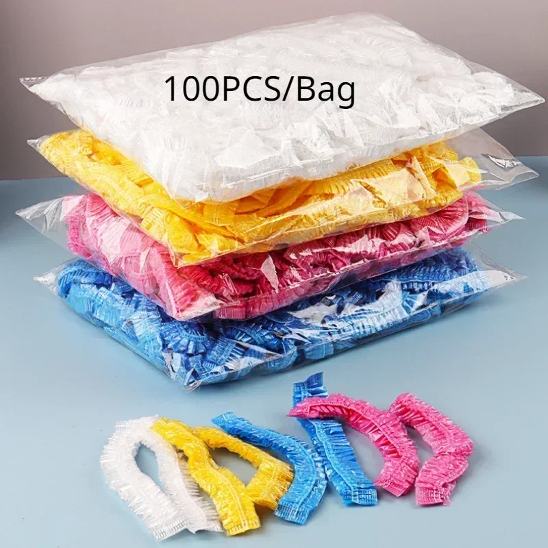 

100 Pcs Disposable Shower Cap Plastic Waterproof Headgear Hotel Hair Dye Shower Cap Transparent Plastic Beauty Salon Cap Cling