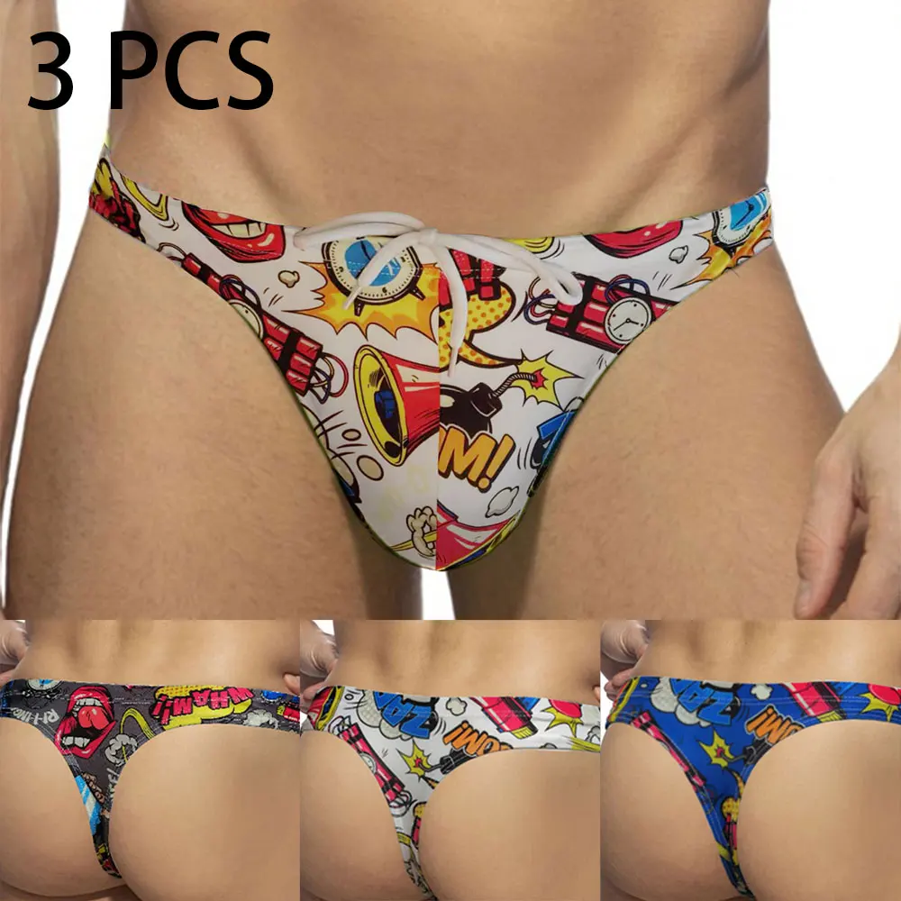 3PCS Men's Pop Art Cartoon Print Low-Rise Sexy Bikini Thong Swimwear Beach Swim Briefs Mini Swimsuit Swimming Trunk Bathing Suit