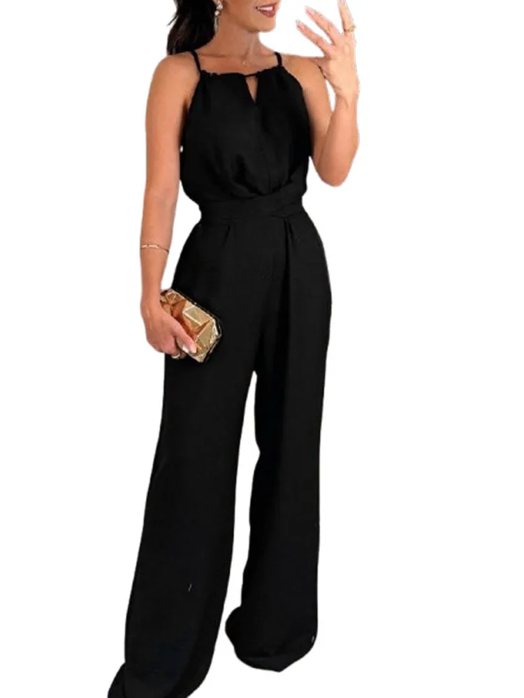 Verão nova cor pura feminina sve sexy fino ajuste pendurado ne cintura cinching calças de uma peça com cinto cintura baixa calças compridas