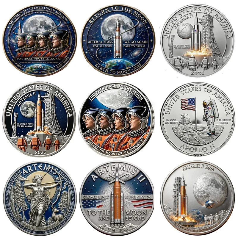 Moeda Comemorativa Quente 2026 da Aterrissagem na Lua Artemis II Apollo 11, Presente Colecionável de Metal 3D da Exploração Espacial da NASA