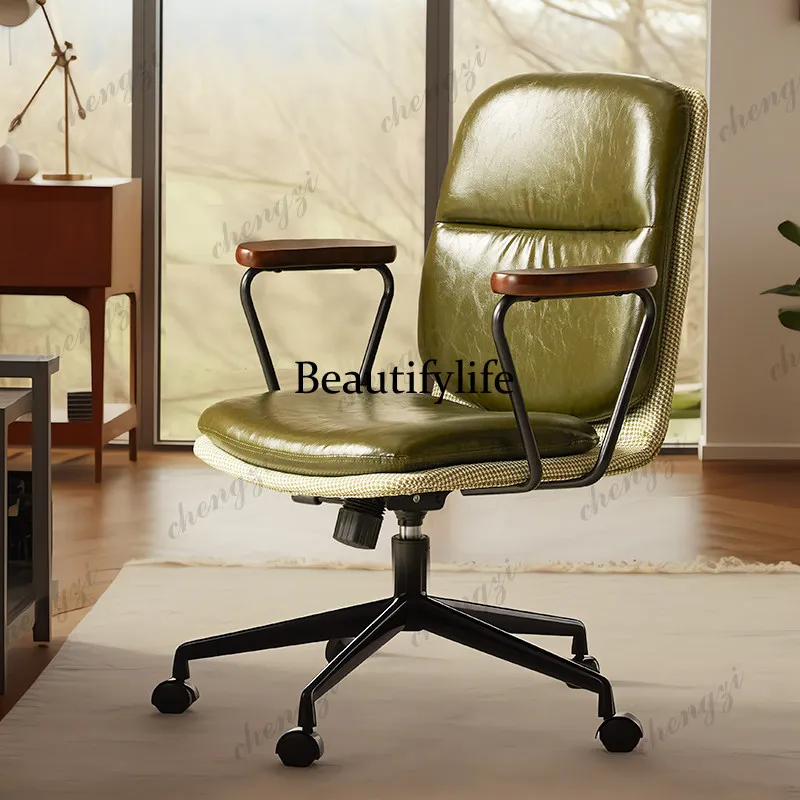 Leather home computer chair comfortable sedentary office seat study bedroom retro lifting backrest swivel chair