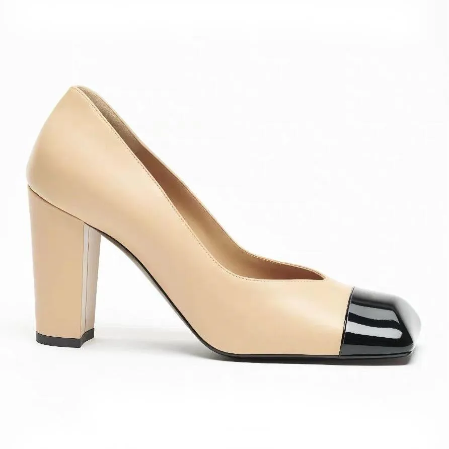 

Women's Color Block Square Toe Pumps Leather Cap Toe Chunky Heels Fashion High Heel Dress Shoes Work Prom Women All Season Wear