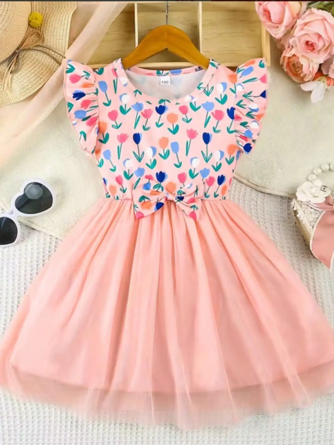 Bezauberndes Mädchen-Sommerkleid - Lila Lotusblatt-Manschette, Meerjungfrauen-Schuppen-Print und Pailletten-Dekoration, Polyester-Netzrock – Detail 17