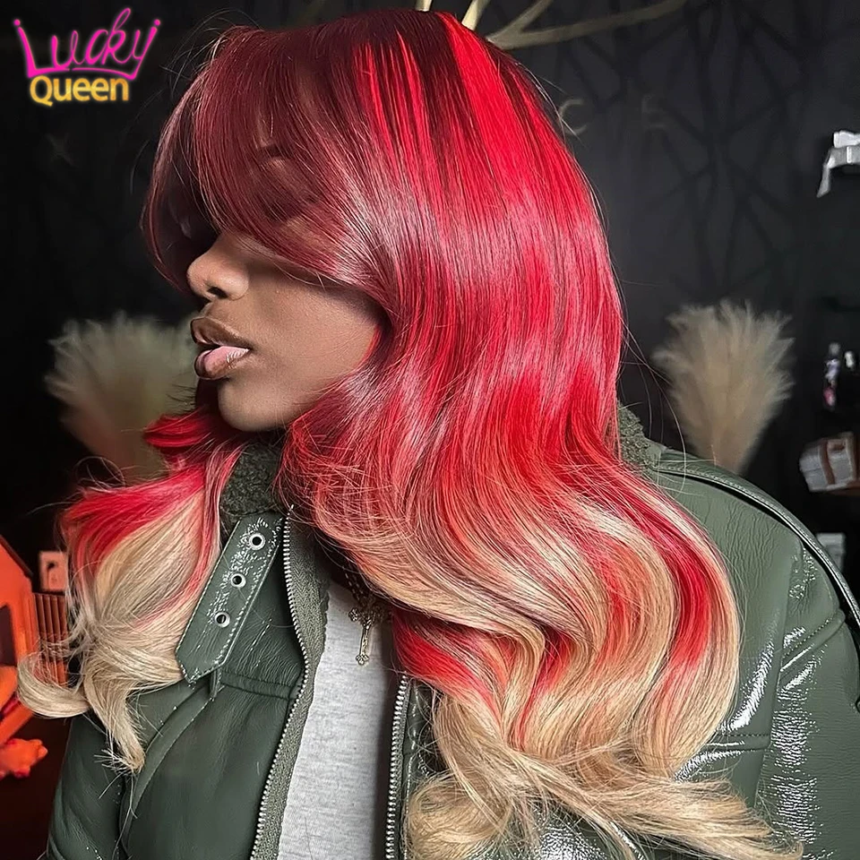 Ombre Red Blonde 13X4 13x6 613 Kolorowe peruki 180Density Ludzkie włosy wstępnie oskubane dla kobiet Przezroczysta koronka z przodu 13X4 Body Wave